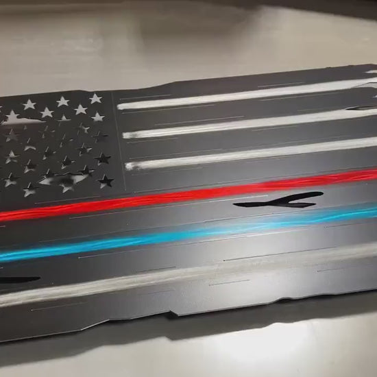 Metal American flag with Thin Red and Blue Lines for firefighters and police

