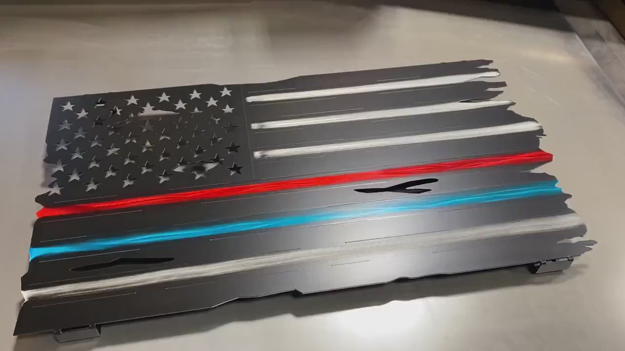 Metal American flag with Thin Red and Blue Lines for firefighters and police

