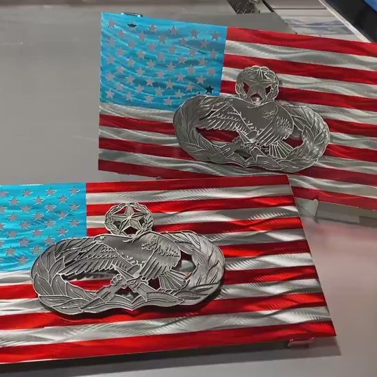 Air Force Maintenance Badge On Steel American Flag