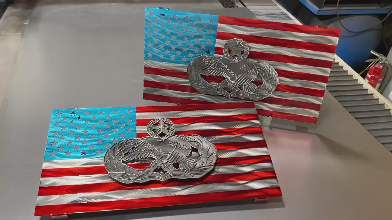 Air Force Maintenance Badge On Steel American Flag