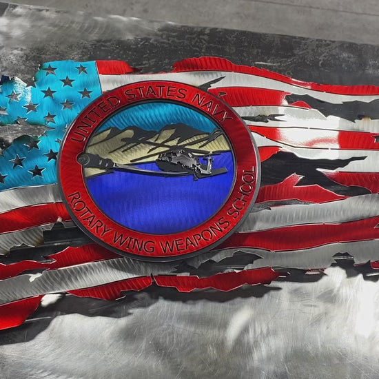 Metal wall art with Rotary Wing Weapons School full-color insignia