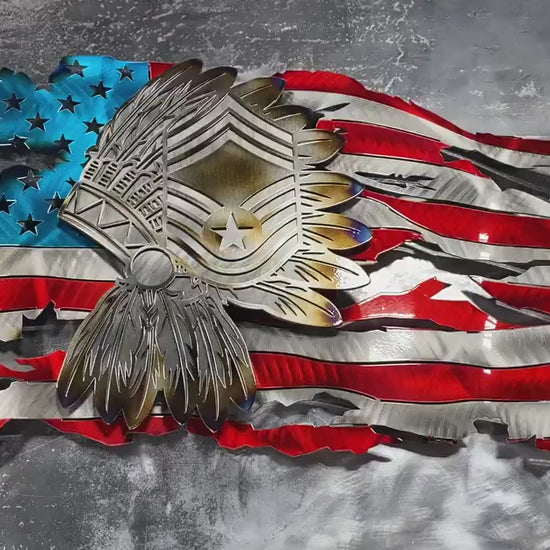 Metal American flag with Chief Master Sergeant headdress emblem