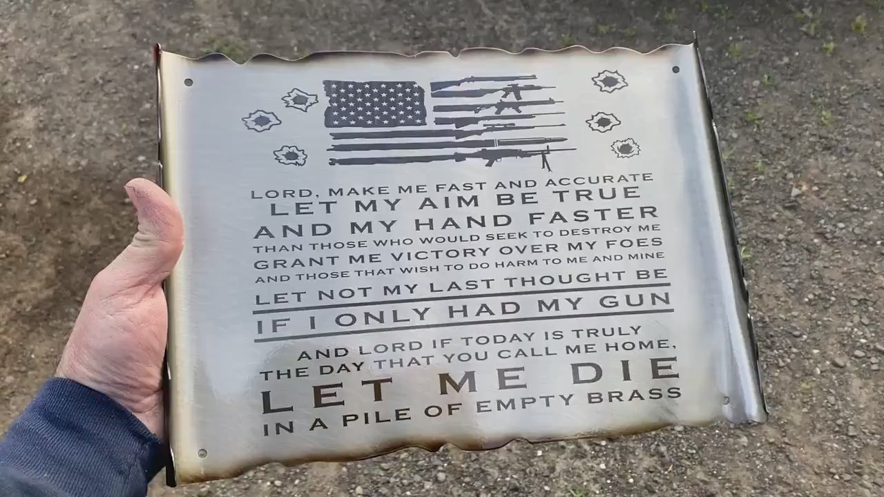 Gunslinger's Prayer metal scroll wall art with patriotic design