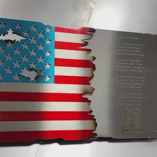 Laser engraved Veteran’s Prayer flag, crafted from powder coated American steel with candy red and blue finish, 18x9 inches