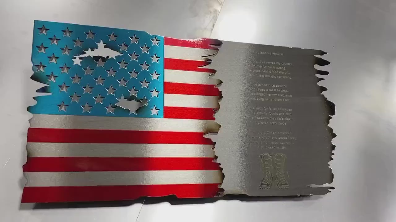 Laser engraved Veteran’s Prayer flag, crafted from powder coated American steel with candy red and blue finish, 18x9 inches