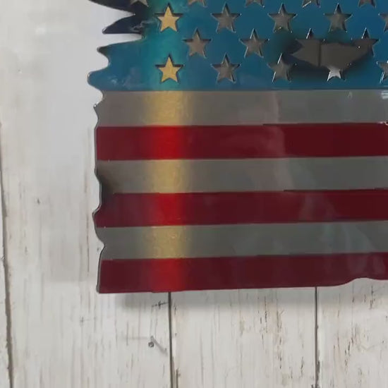 Metal American flag with Ranger’s Creed laser etched, red and blue powder coat finish