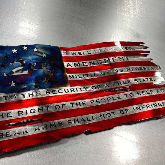 Tattered wavy metal American flag featuring “We the People” and “Come and Take It” phrases with candy red and heat finish.