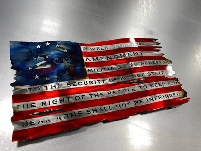 Tattered wavy metal American flag featuring “We the People” and “Come and Take It” phrases with candy red and heat finish.