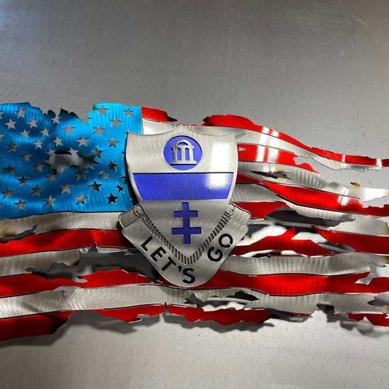 Metal tattered American flag with 325th Airborne Infantry Regiment emblem

