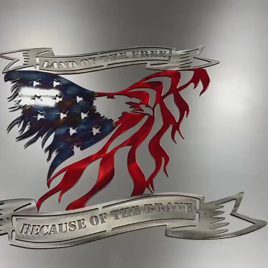 Land of the Free, Because of the Brave metal eagle with battle-worn flag finish,  with heat patina and Red powder coat