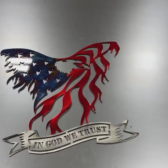 Metal eagle wall art with American flag design and In God We Trust engraving, handcrafted and powder-coated