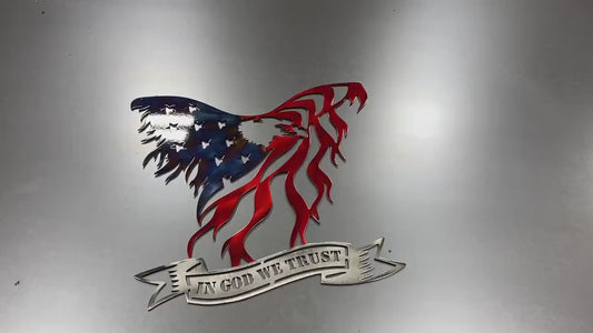 Metal eagle wall art with American flag design and In God We Trust engraving, handcrafted and powder-coated