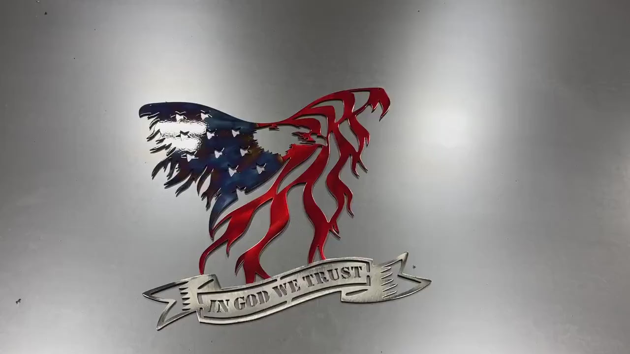 Metal eagle wall art with American flag design and In God We Trust engraving, handcrafted and powder-coated