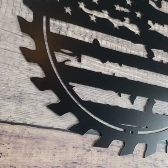 American Flag Sawblade Metal Wall Art with tattered flag design
