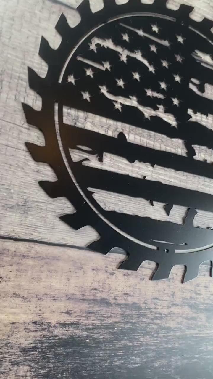 American Flag Sawblade Metal Wall Art with tattered flag design