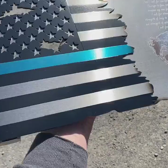 Thin Blue Line Metal American Flag with Policeman’s Prayer, wall-mounted