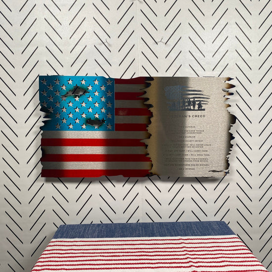 Veteran’s Creed Metal Flag featuring a distressed American flag background, crafted from durable metal with a rustic finish 