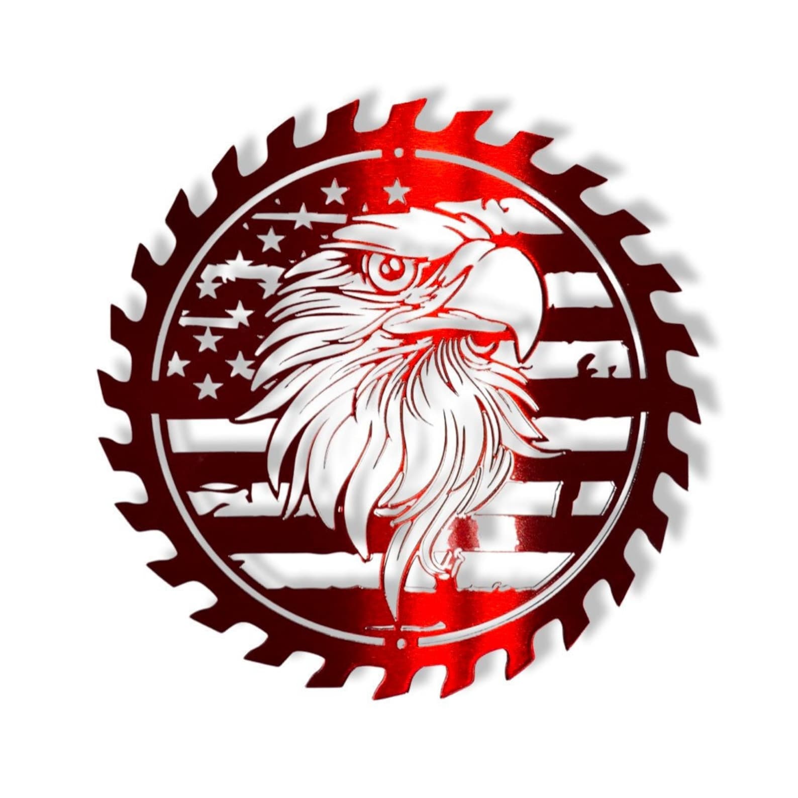 Rustic steel wall art with American flag and eagle inside a saw blade