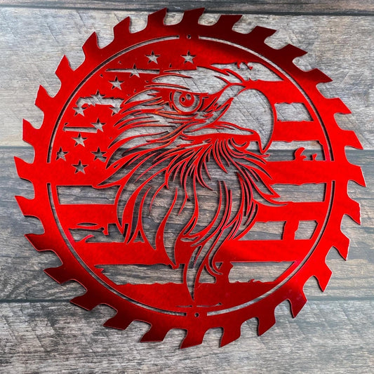 Rustic steel wall art with American flag and eagle inside a saw blade