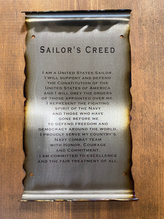 Metal Sailor’s Creed scroll laser engraved on American steel with powder coat and patina, 6x10 inches
