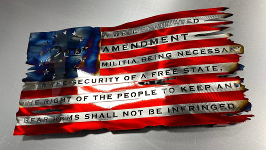 Tattered wavy metal American flag featuring “We the People” and “Come and Take It” phrases with candy red and heat finish.