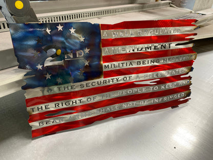 Tattered wavy metal American flag featuring “We the People” and “Come and Take It” phrases with candy red and heat finish.