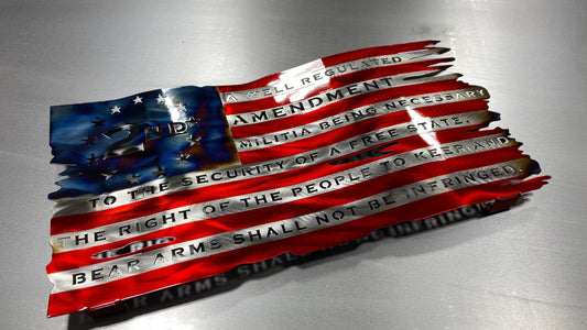 Tattered wavy metal American flag featuring “We the People” and “Come and Take It” phrases with candy red and heat finish.