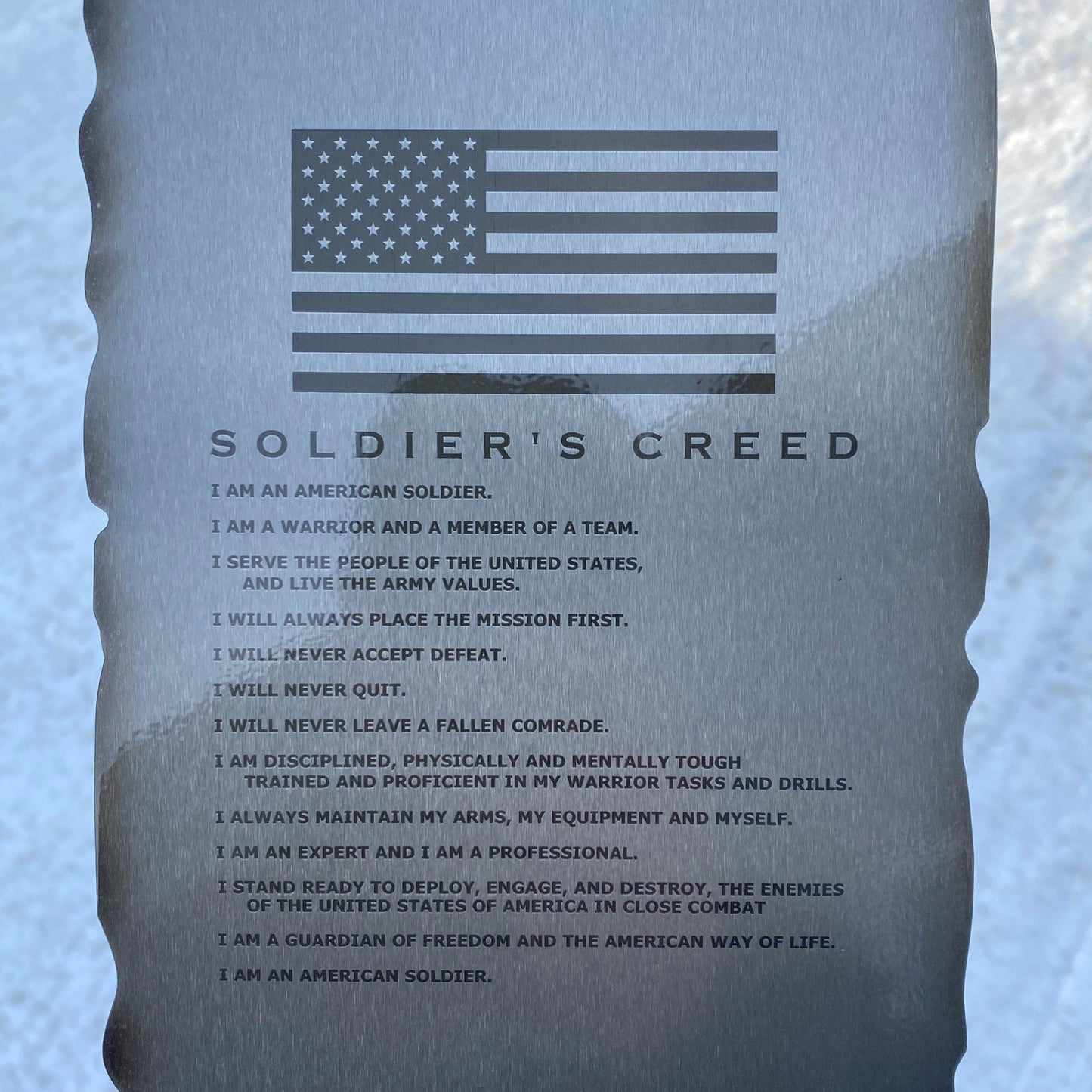 Laser engraved Army Soldier’s Creed scroll on American steel with powder coat and heat patina, 6x10 inches military wall decor







