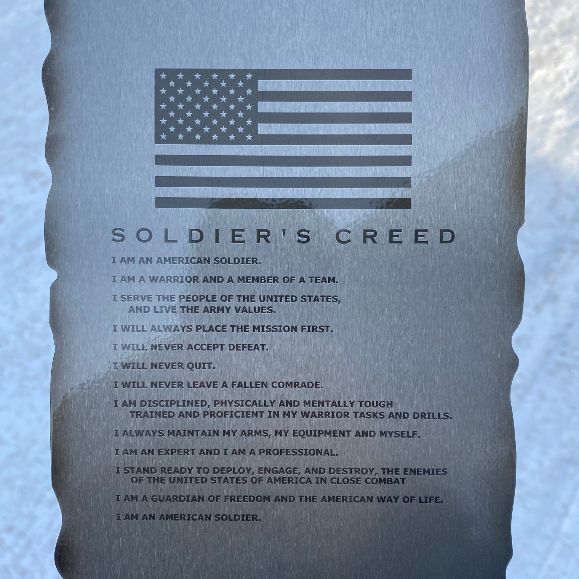 Laser engraved Army Soldier’s Creed scroll on American steel with powder coat and heat patina, 6x10 inches military wall decor







