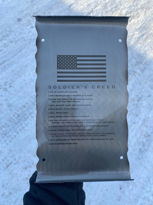 Laser engraved Army Soldier’s Creed scroll on American steel with powder coat and heat patina, 6x10 inches military wall decor