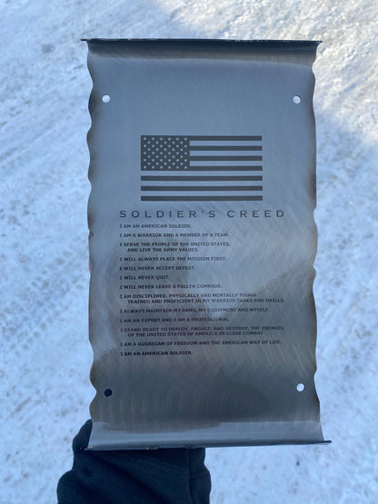Laser engraved Army Soldier’s Creed scroll on American steel with powder coat and heat patina, 6x10 inches military wall decor
