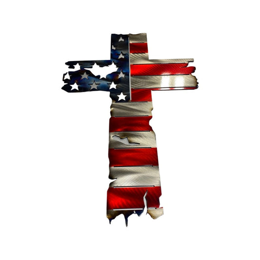Metal cross with distressed American flag design for wall decor