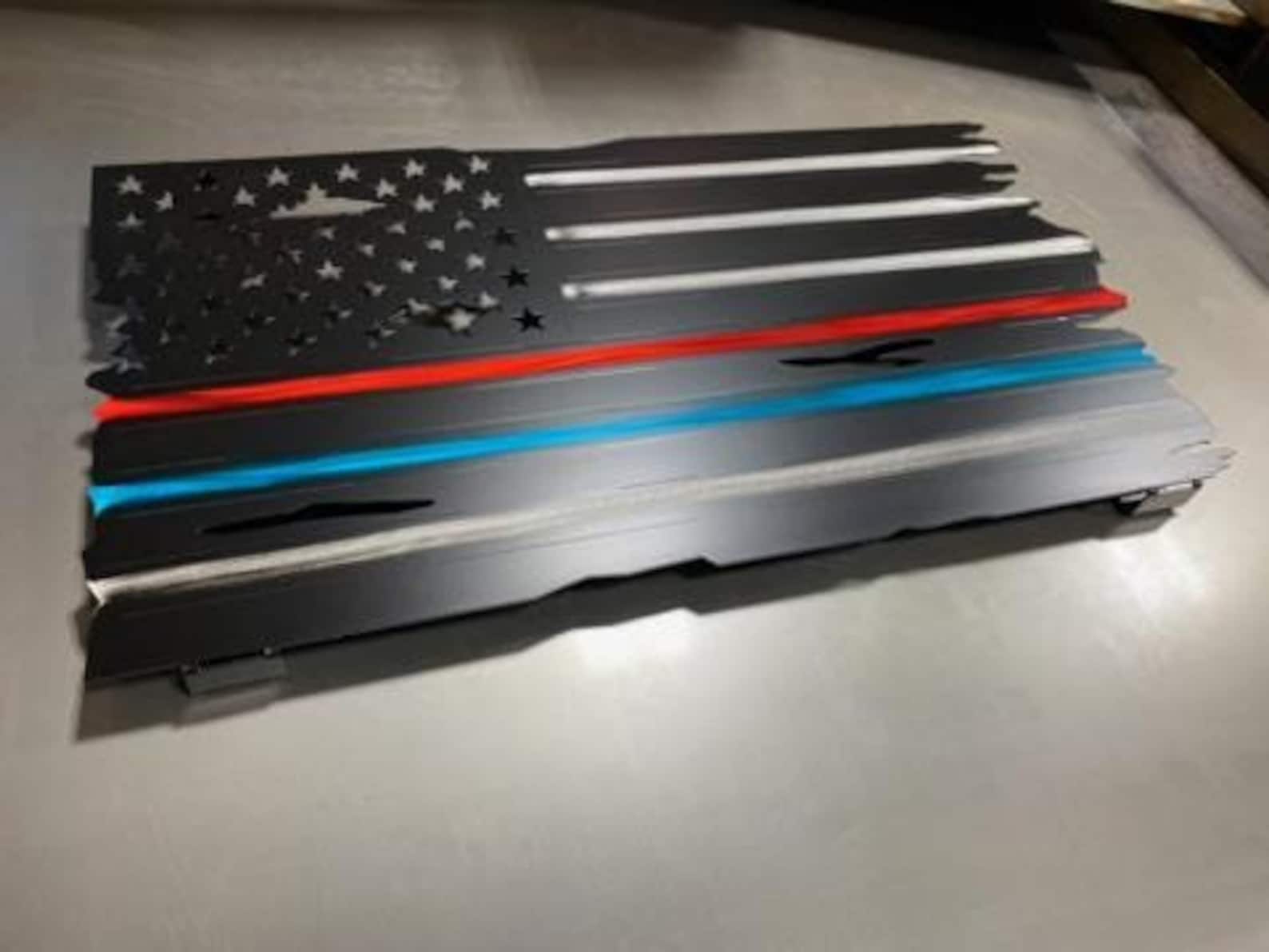 Metal American flag with Thin Red and Blue Lines for firefighters and police

