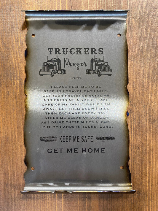 Handcrafted Truckers Prayer metal scroll sign with laser-etched text and heat-treated scroll edges