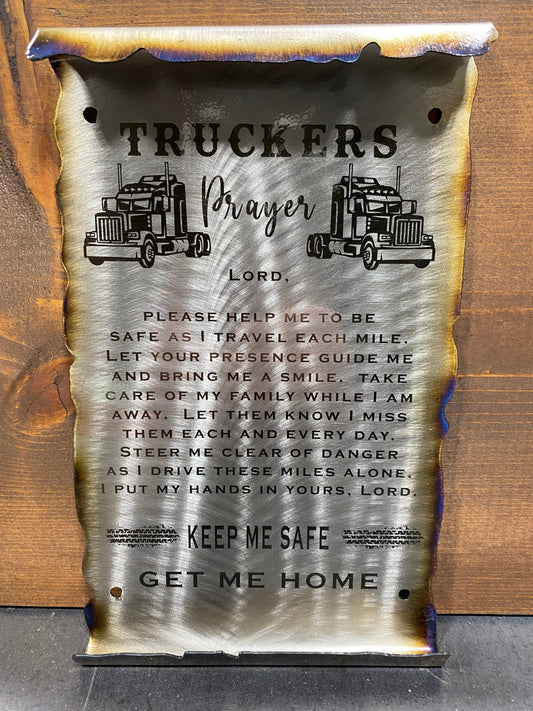 Handcrafted Truckers Prayer metal scroll sign with laser-etched text and heat-treated scroll edges
