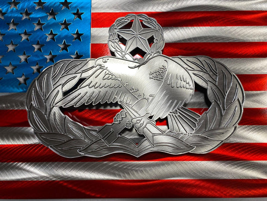 Air Force Maintenance Badge On Steel American Flag