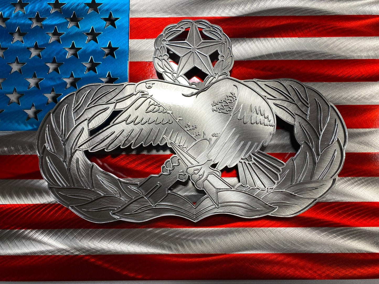 Air Force Maintenance Badge On Steel American Flag