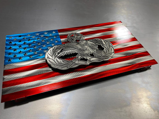 Air Force Maintenance Badge On Steel American Flag