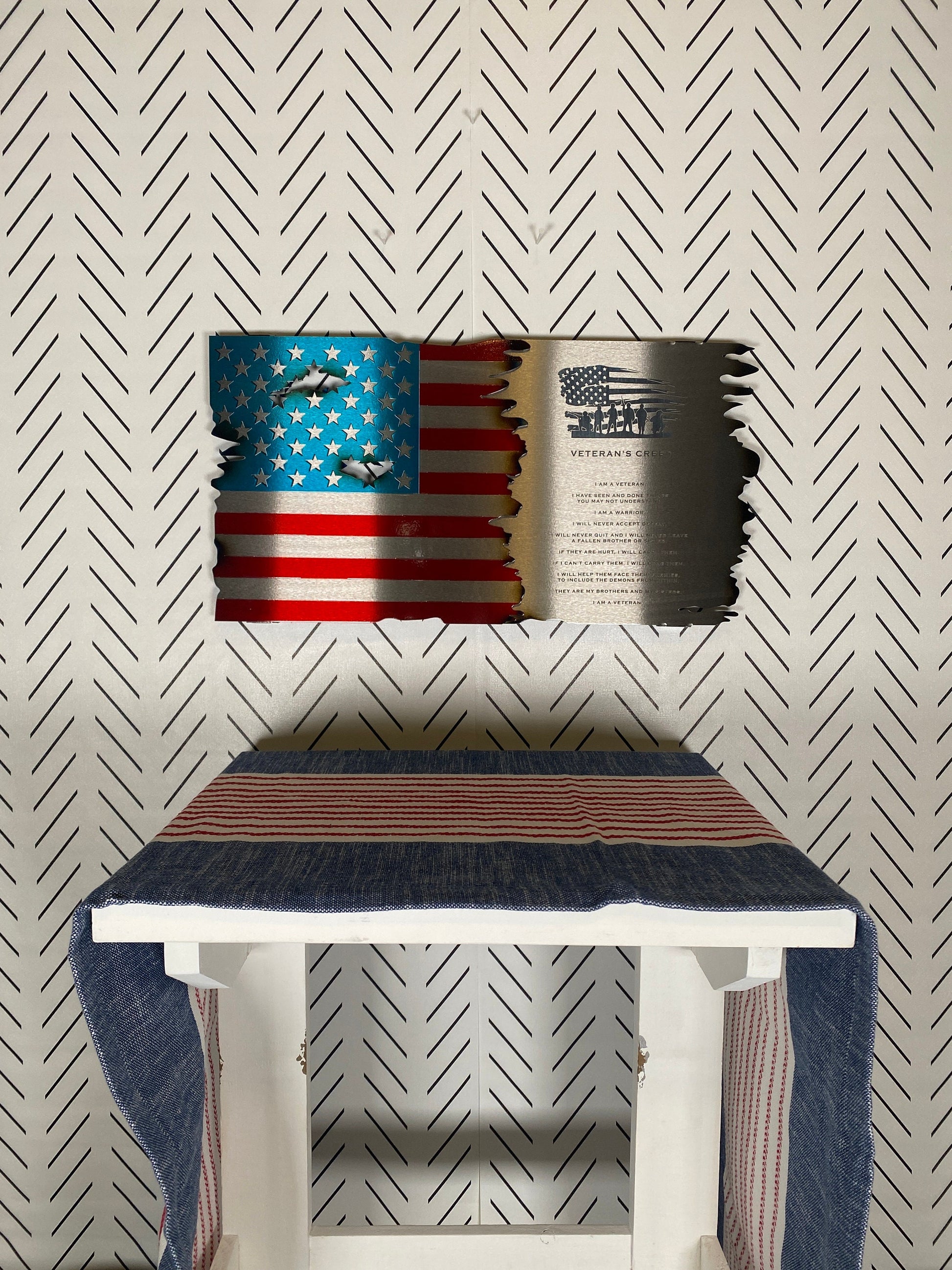 Veteran’s Creed Metal Flag featuring a distressed American flag background, crafted from durable metal with a rustic finish – perfect gift for military promotions or retirements