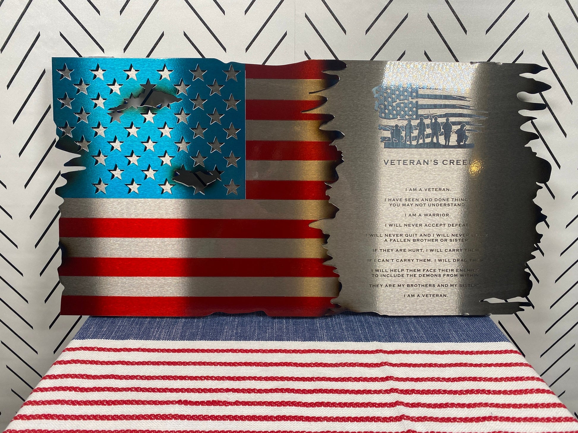 Veteran’s Creed Metal Flag featuring a distressed American flag background, crafted from durable metal with a rustic finish – perfect gift for military promotions or retirements