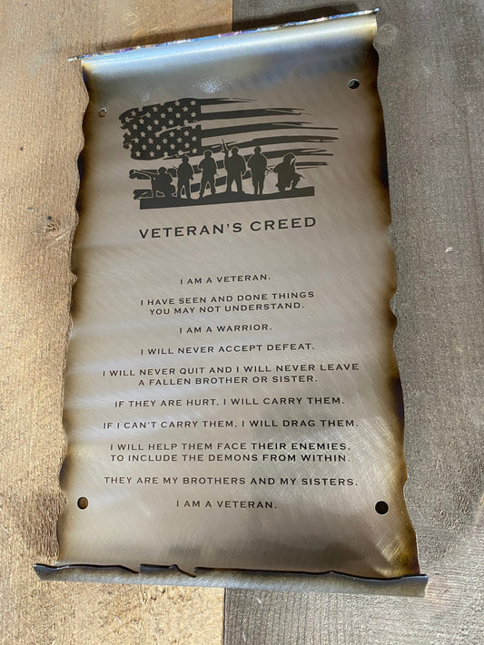 Veteran’s Creed metal scroll engraved on American steel with hand-formed ends and powder coat finish, a patriotic tribute handcrafted by CnS CnC