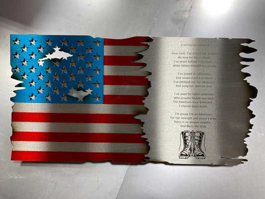 Laser engraved Veteran’s Prayer flag, crafted from powder coated American steel with candy red and blue finish, 18x9 inches