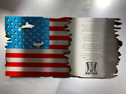 Laser engraved Veteran’s Prayer flag, crafted from powder coated American steel with candy red and blue finish, 18x9 inches