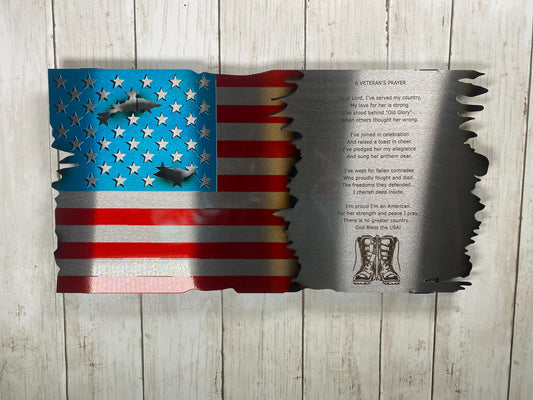 Laser engraved Veteran’s Prayer flag, crafted from powder coated American steel with candy red and blue finish, 18x9 inches