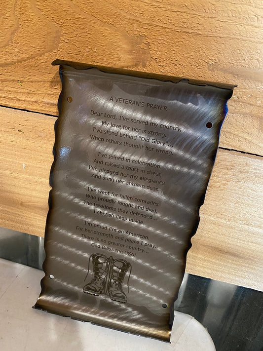 Veteran’s Prayer scroll metal wall art for patriotic and military decor