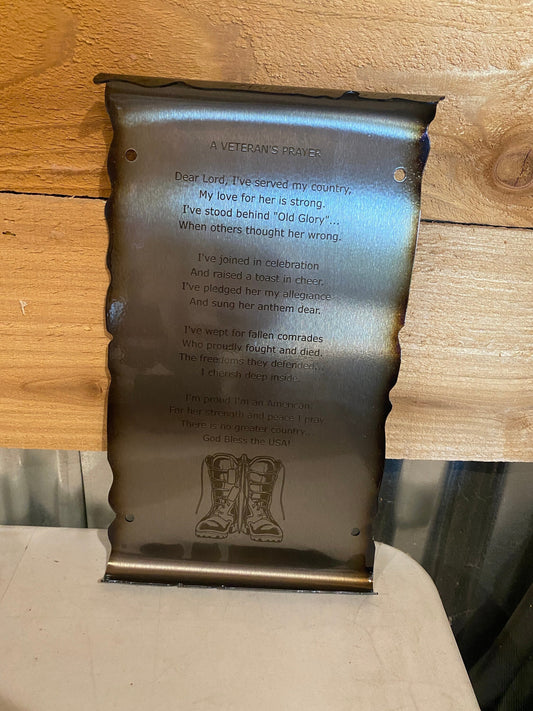 Veteran’s Prayer scroll metal wall art for patriotic and military decor