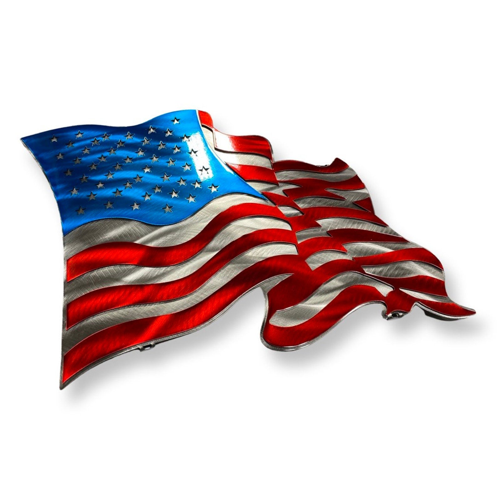 Wavy metal American flag with silver stars and stripes for patriotic home decor
