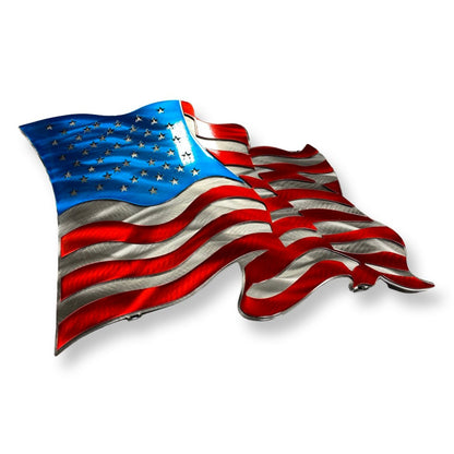 Wavy metal American flag with silver stars and stripes for patriotic home decor