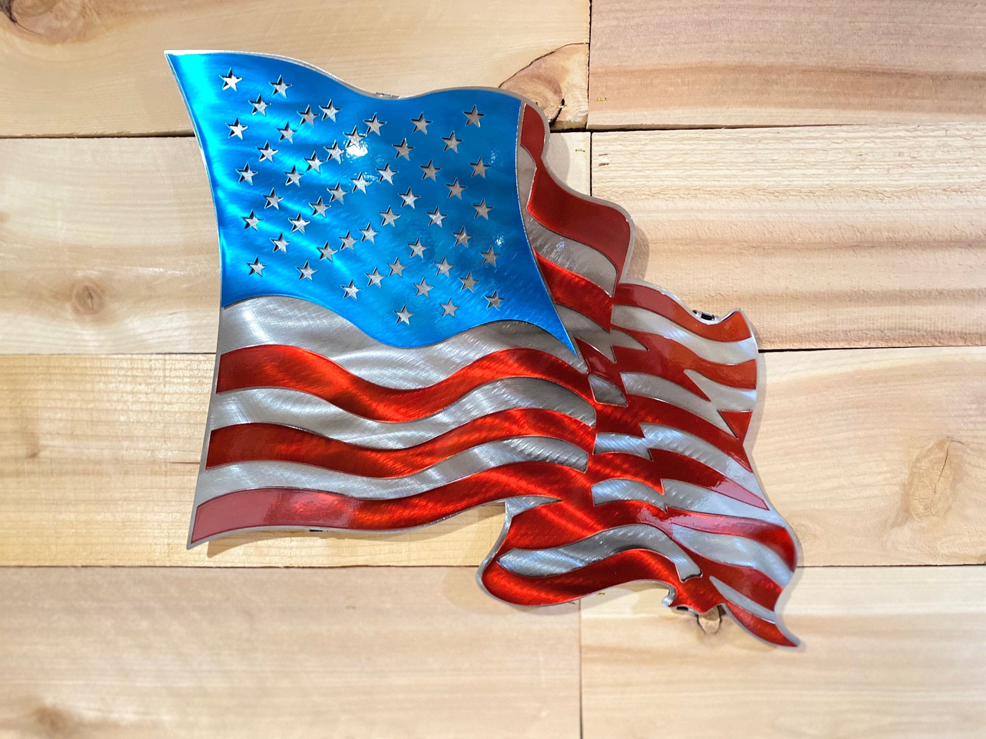 Wavy metal American flag with silver stars and stripes for patriotic home decor