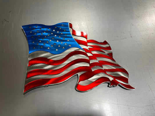 Wavy metal American flag with silver stars and stripes for patriotic home decor